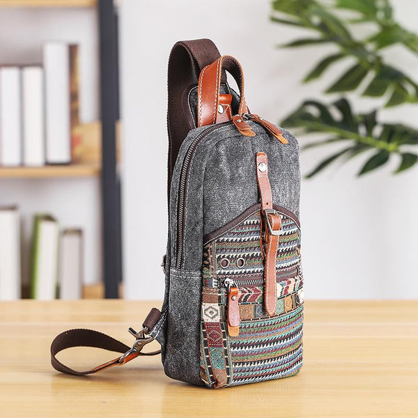 Canvas Mens Folk Gray Chest Bag One Shoulder Backpack Gray Sling Bag for Men