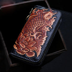 Handmade Leather Tooled Carp Mens Tooled Chain Biker Wallet Cool Leather Wallet Zipper Long Phone Wallets for Men