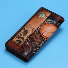 Handmade Leather Chinese Lion Mens Tooled Long Chain Biker Wallet Cool Leather Wallet With Chain Wallets for Men