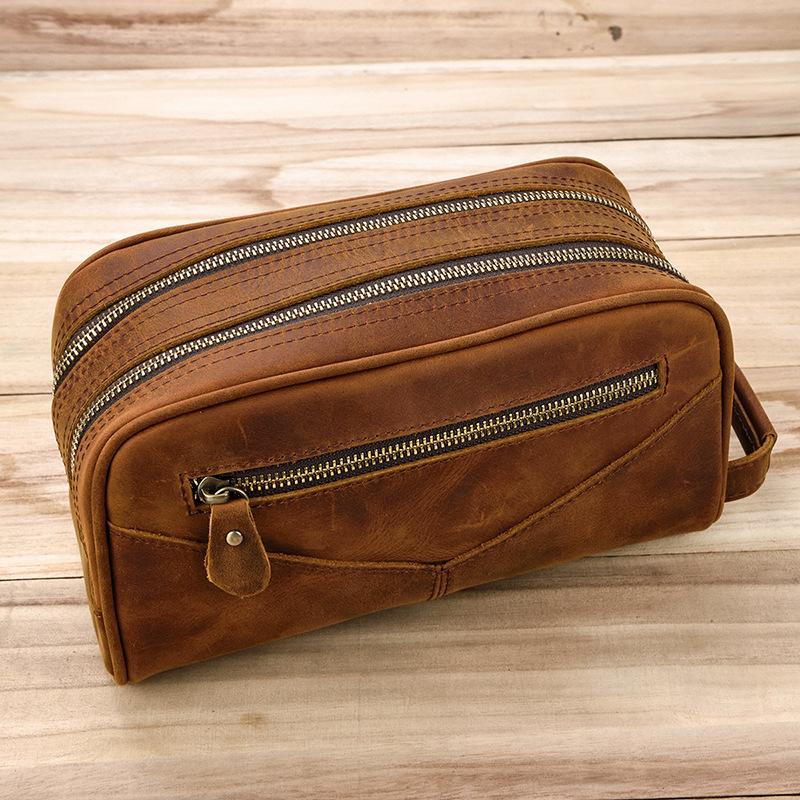 vintage Leather Men's Clutch Bag Double Zipped Small Wristlet Handbag For Men