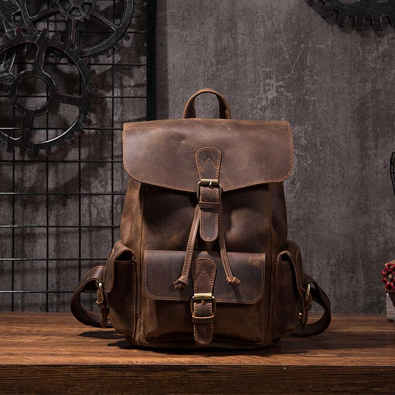 Vintage Mens Leather Small Backpack Travel Backpack Leather School