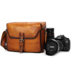 Cool Brown Men Leather Camera Side Bag Tan SLR Camera Leather Cube Messenger bag For Men