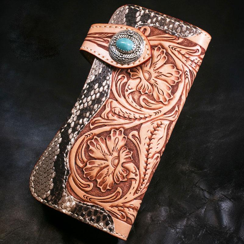 Handmade Mens Cool Tooled Long Boa Skin Floral Leather Chain Wallet Biker Trucker Wallet with Chain