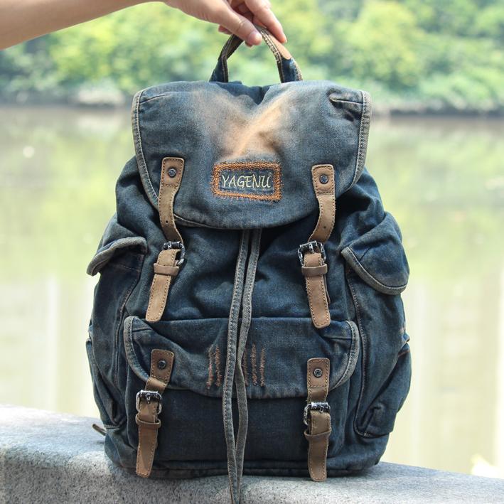 denim backpack with leather Denim Blue Mens Large Backpack School Backpack Blue Laptop Backpack Fo – iChainWallets