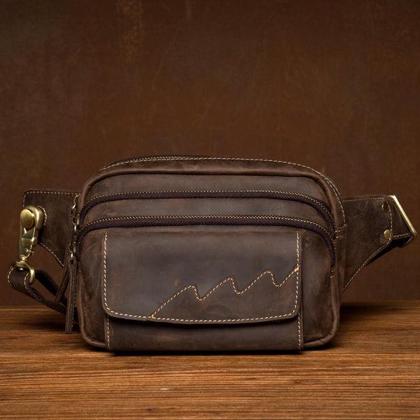 Dark Brown Leather Fanny Pack Mens Waist Bag Hip Pack Belt Bags Bumbags for Men