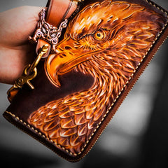 Handmade Leather Mens Tooled Eagle Chain Biker Wallets Cool Leather Wallet Long Wallets for Men