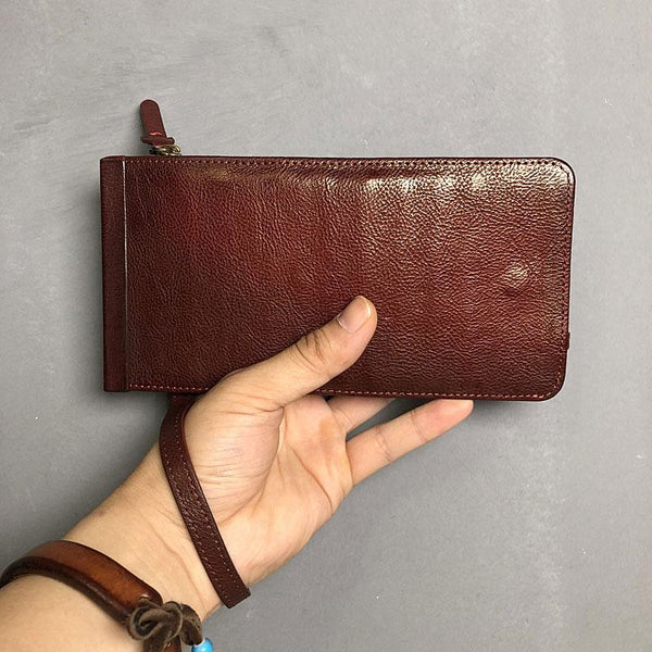 Genuine Leather Mens Cool Long Leather Wallet Cards Phone Zipper Clutch Wristlet Wallet for Men