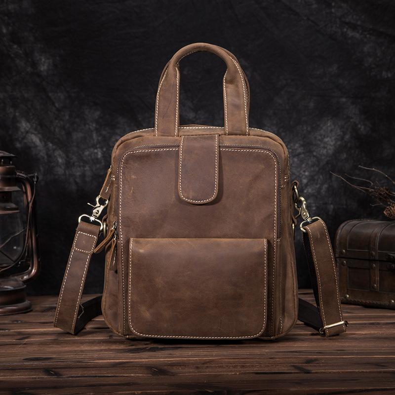 Leather Mens Vertical Work Bag Handbag Brown Vertical Small Briefcase Shoulder Bag For Men