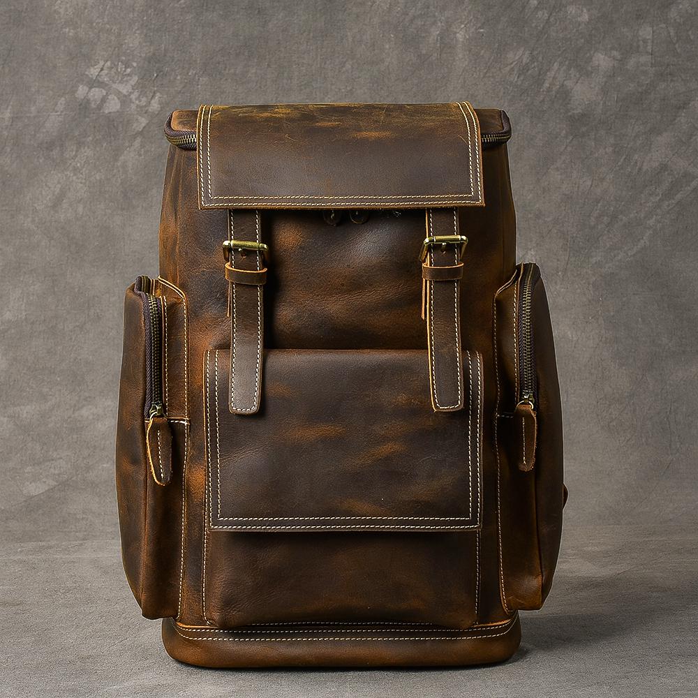 Brown Leather Mens 15" Laptop Backpack Travel Backpack Coffee College Backpack for Men