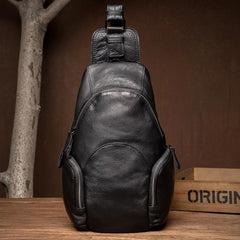 Black Leather Mens Cool Crossbody Pack Sling Bags Black Sling Pack Chest Bag for Men