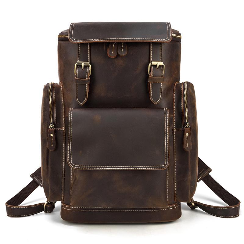 Dark Brown Leather Mens Large 15'' Travel Backpack College Backpack Barrel Backpack for Men