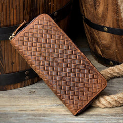 Brown Woven Mens long Wallet Wristlet Wallet Clutch Wallet Zipper Bifold Long Wallet for Men