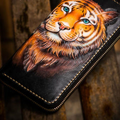Handmade Leather Men Tooled Tiger Cool Leather Wallet Long Phone Clutch Wallets for Men