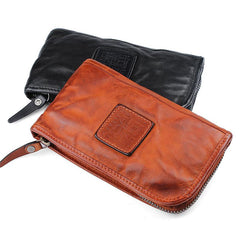 Cool Leather Mens Brown Long Chain Wallet Black Wristlet Wallet Black Clutch Wallet for Men