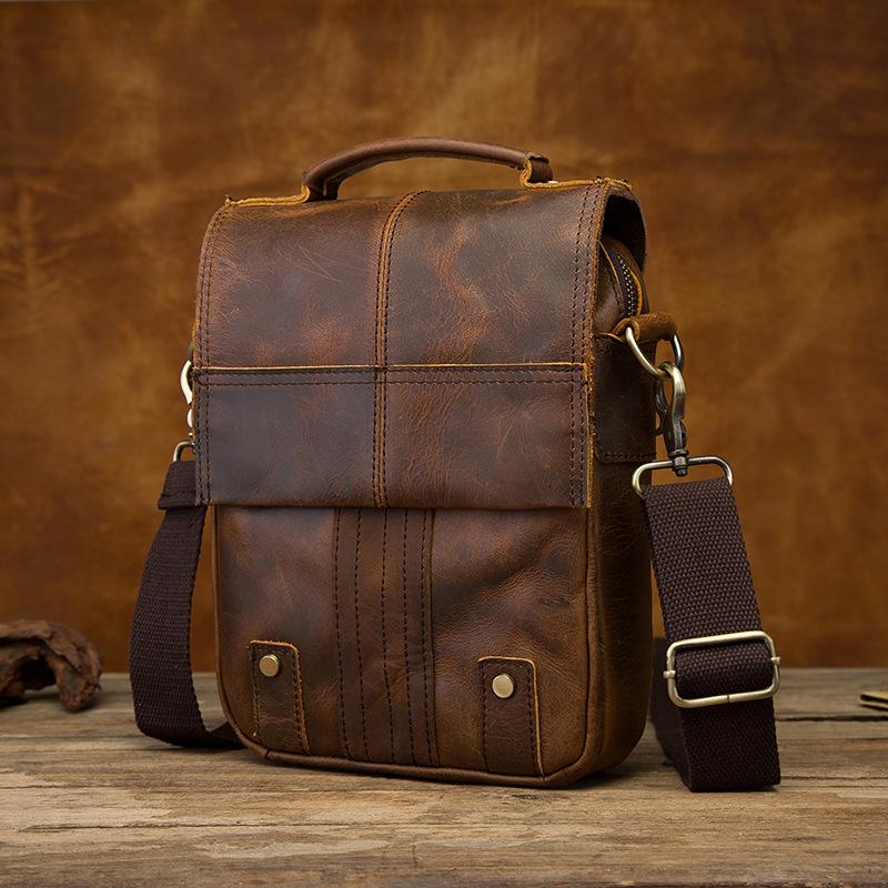 Vintage Brown Leather Mens Small Vertical Side Bags Courier Bag Messenger Bag For Men