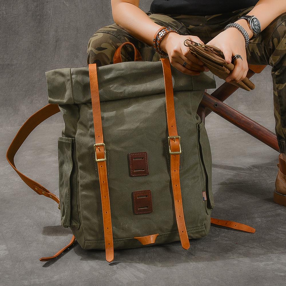Cool Canvas Leather Mens Womens 16" Army Green Hiking Backpack Travel Backpack College Backpack  for Men