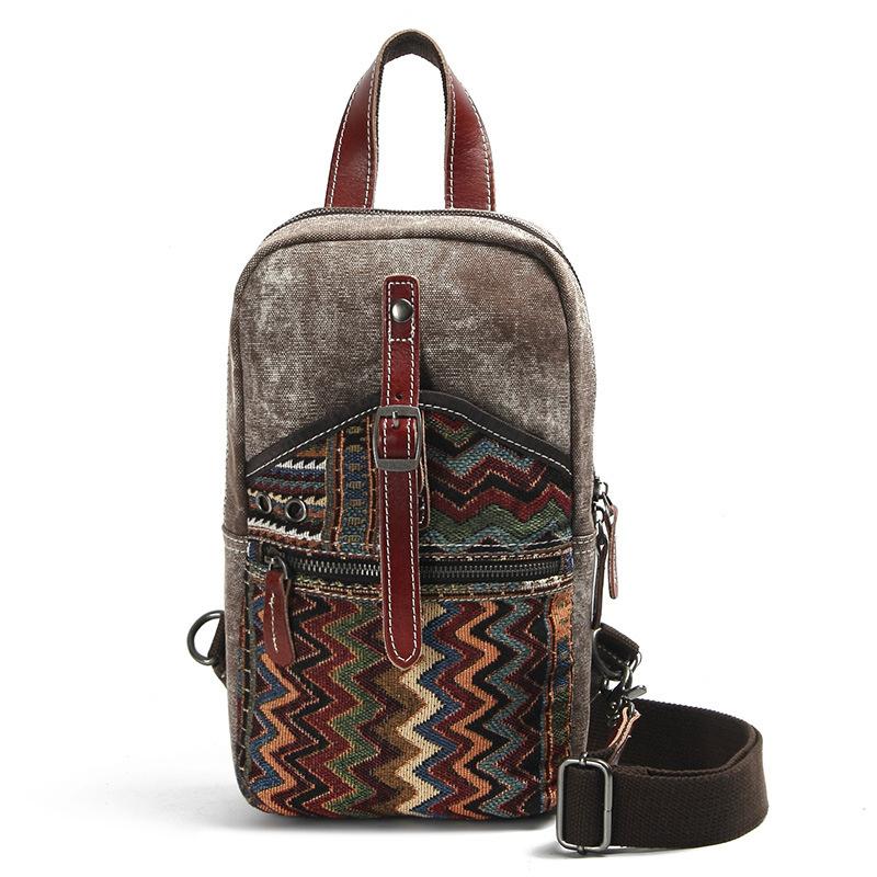 Cool Canvas Leather Mens Embroidered Sling Bag Chest Bag Gray One Shoulder Backpack for Men