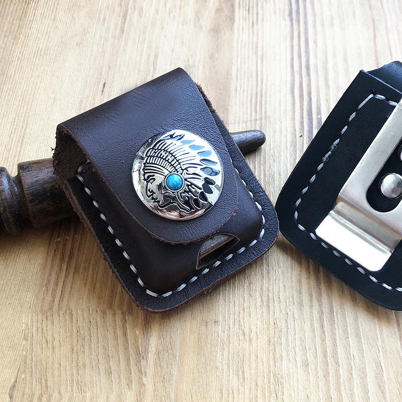 Handmade Mens Black Leather Classic Zippo Lighter Case Belt Zippo Lighter Holder with Belt Clip