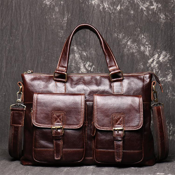 Oiled Leather Men's Red Brown Professional Briefcase 14‘’ Laptop Handbags Business Bag For Men