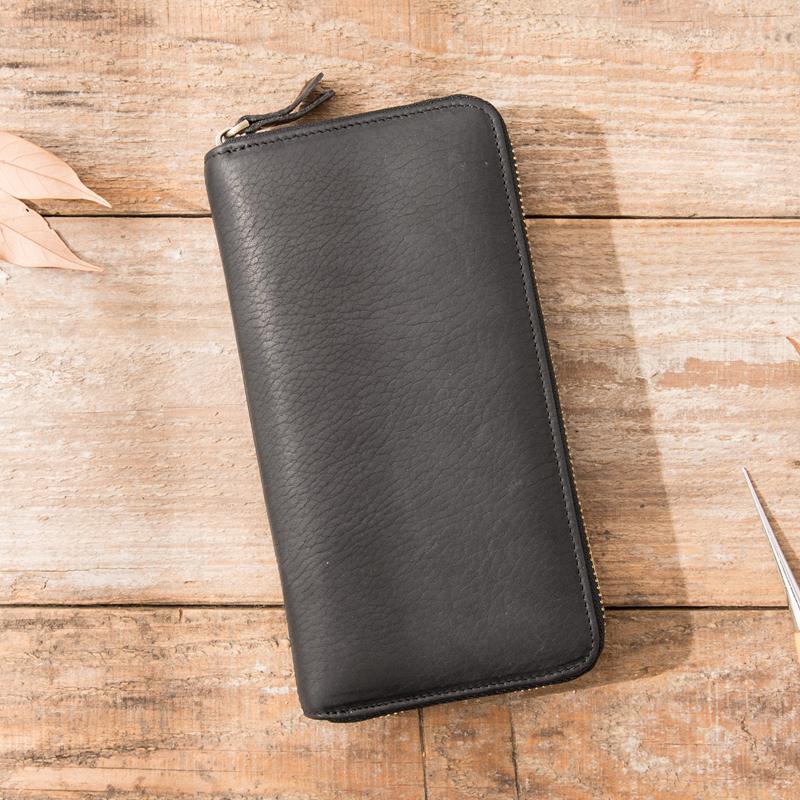 Cool Black Leather Mens Zipper Clutch Wallet Long Wallet Black Cell Phone Long Wallet for Men