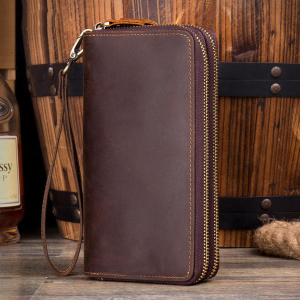 Cool Dark Brown Mens Bifold Zipper Long Wallet Clutch Wallet Wristlet CellPhone Wallet for Men