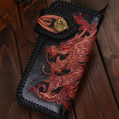 Handmade Mens Cool Tooled Long Chinese Dragon Leather Chain Wallet Biker Trucker Wallet with Chain