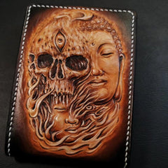 Handmade Leather Skull and Buddha Tooled Mens billfold Wallet Cool Leather Card Wallet Slim Wallet for Men