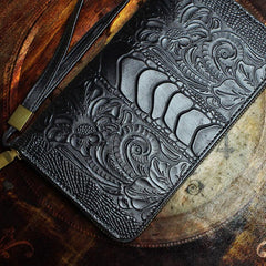 Handmade Leather Mens Tooled Floral Cool Zipper Phone Travel Long Wallet Card Holder Card Slim Clutch Wallets for Men