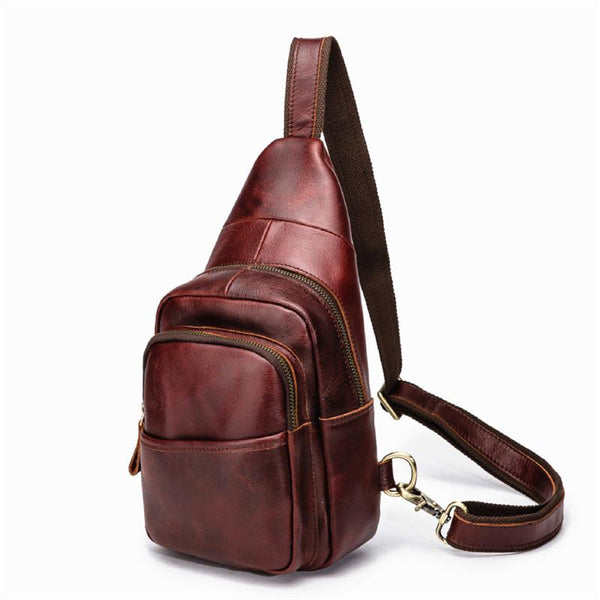 Red Brown Cool LEATHER MENS 8 inches Sling Bag One Shoulder Backpack Brown Chest Bag For Men