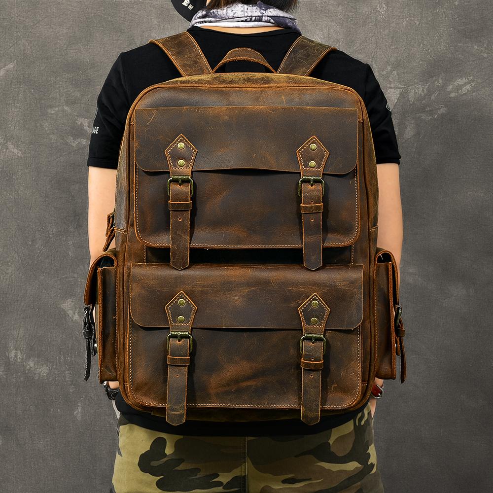 Cool Leather Mens 15" Brown Hiking Backpack Travel Backpack Laptop College Backpack for Men