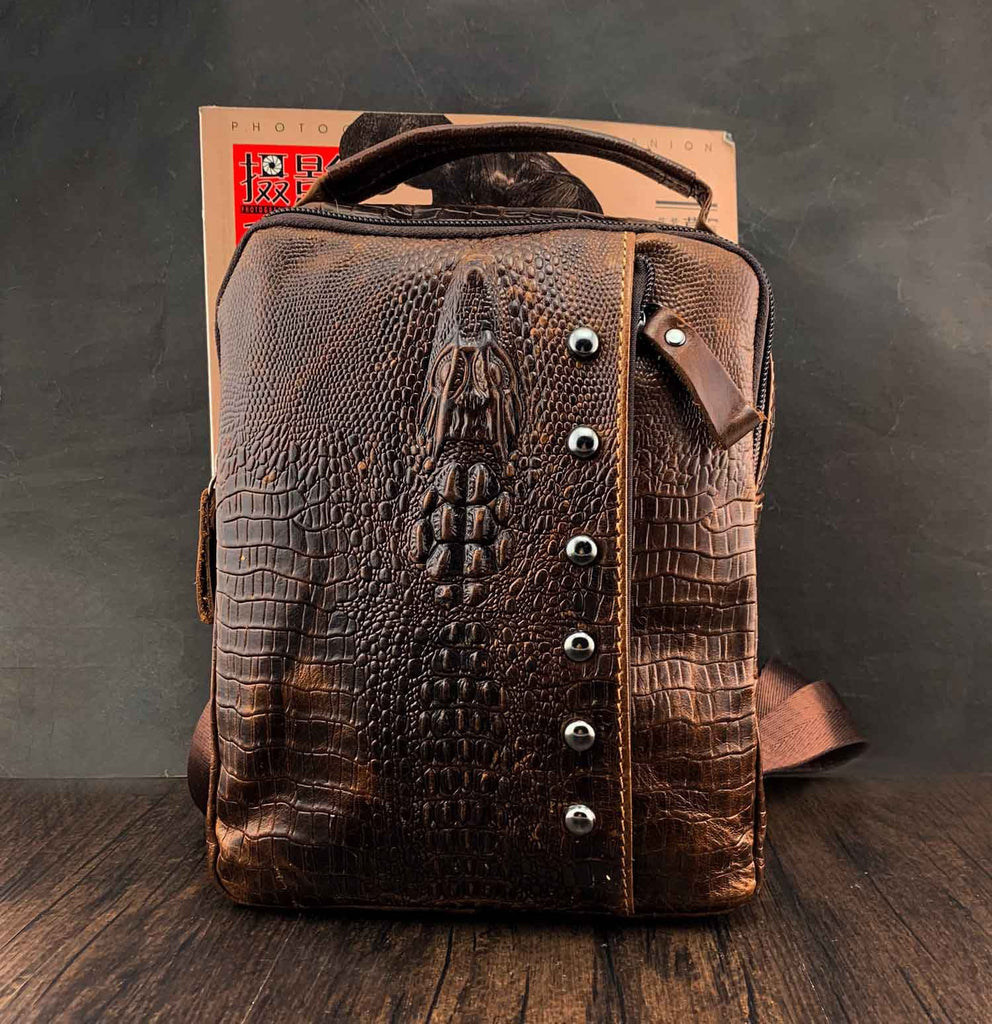 Badass Brown Leather Men's Sling Bag Chest Bag One shoulder Backpack S – iChainWallets