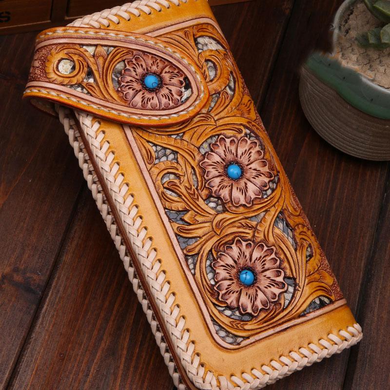 Handmade Mens Cool Tooled Long Floral Leather Chain Wallet Biker Trucker Wallet with Chain