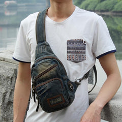 Fashion Denim Blue Mens Sling Bag Chest Bags Blue Denim One Shoulder Backpacks Sling Pack For Men