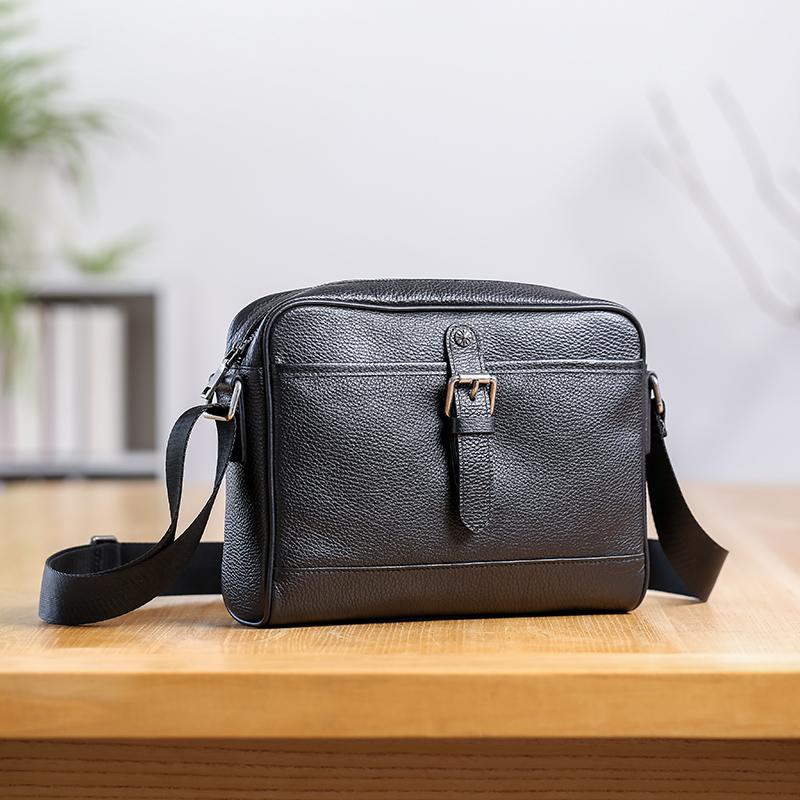Casual Black Leather MENS Small Side Bag Black Messenger Bag Leather Courier Bag For Men