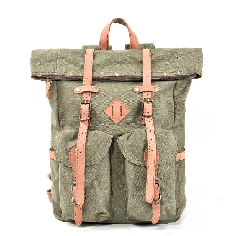 Cool Waxed Canvas Leather Mens Waterproof 16‘’ Large Hiking Backpack Travel Backpack for Men