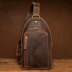 Vintage Brown Leather Mens Sling Bag Cool Crossbody Pack Chest Bags for men