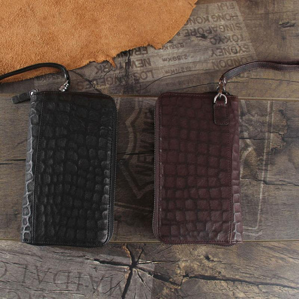 Handmade Genuine Leather Mens Cool Long Leather Wallet Zipper Clutch Wristlet Wallet for Men