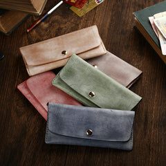 Handmade Mens Leather Blue Envelope Bag Long Wallet Phone Bag Green Clutch for Men