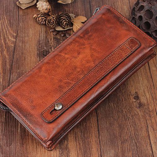 Genuine Leather Mens Cool Long Leather Wallet Zipper Wristlet Clutch Wallet - iChainWallets