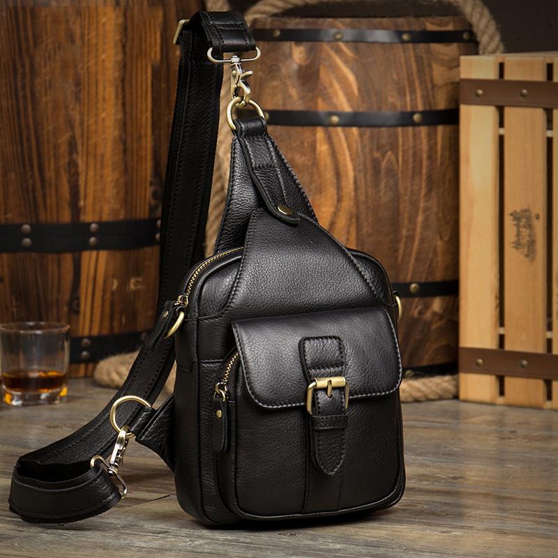 Black Leather Mens Cool Sling Bag Sling Pack Black Crossbody Packs Chest Bags for men