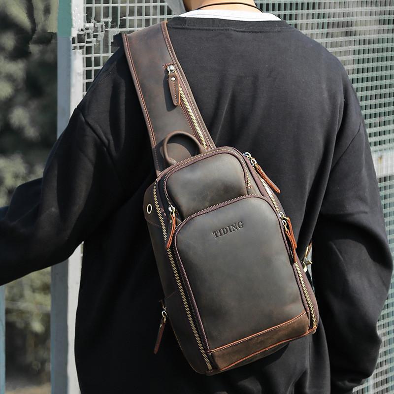 Vintage Brown Leather Men s One Shoulder Backpack Chest Bag Sling