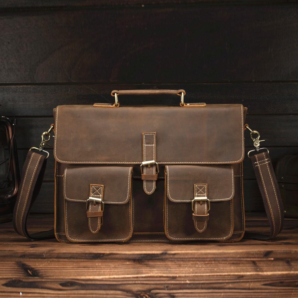 Vintage Brown Leather Men's Professional Briefcase 13‘’ Laptop Shoulder Briefcase For Men