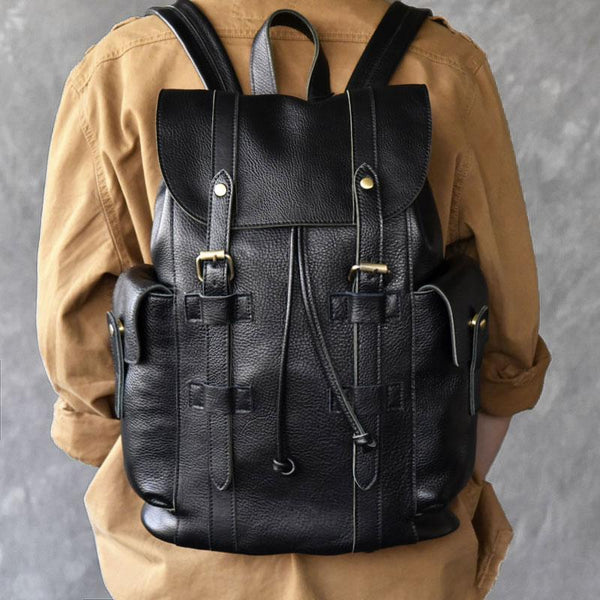 Black Leather Mens 15" Laptop Backpack Hiking Backpack Travel Backpack College Backpack for Men