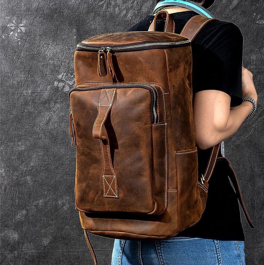 Retro Brown Leather Mens 14" Barrel Laptop Backpack Hiking Backpack Travel Backpack Large Backpack for Men