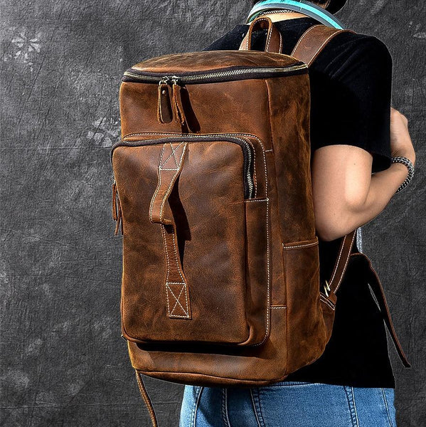 Retro Brown Leather Mens 14" Barrel Laptop Backpack Hiking Backpack Travel Backpack Large Backpack for Men