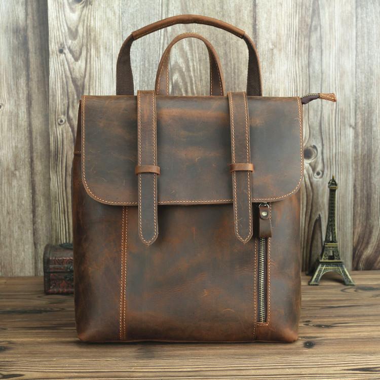 Badass Brown Leather Men's 12 inches Side Courier Bag Bag Computer Backpack School Backpack For Men