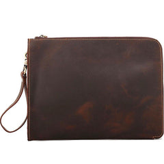 Vintage Business Leather Mens Brown Envelope Bag Document Purse Dark Brown Clutch For Men
