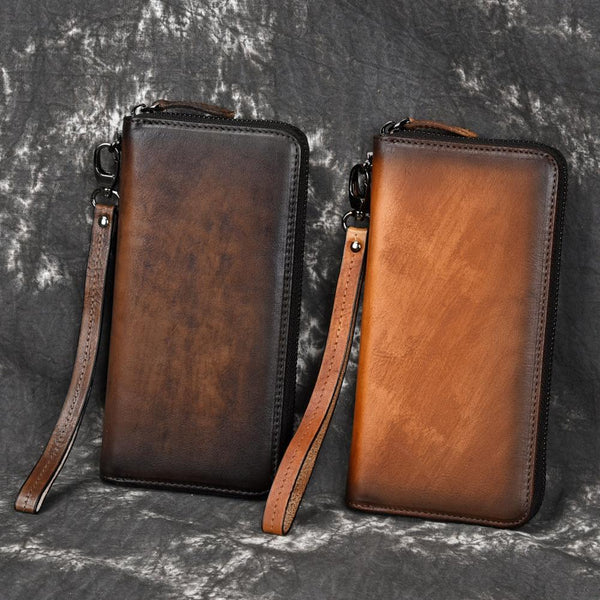 Vintage Brown Leather Men's Clutch Long Wallet Tan Zipper Wristlet Wallet For Men