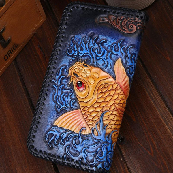 Handmade Leather Mens Clutch Wallet Tooled Cool Carp Wallet Long Zipper Wallets for Men