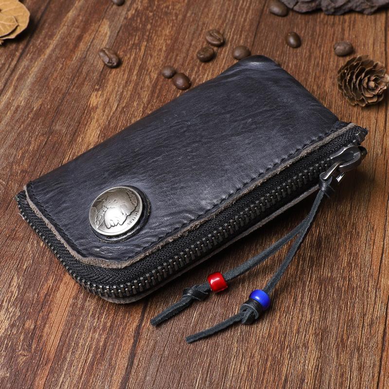 Retro Handmade Mens Leather Key Purse Black Car Key Wallet Card Wallet For Men
